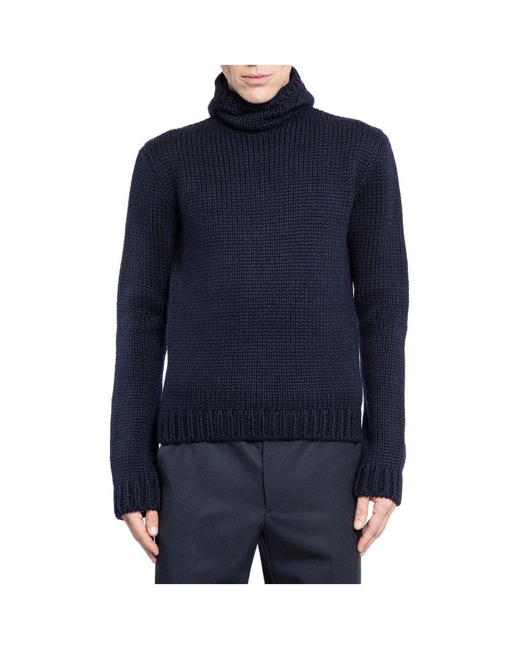 Prada Blue Wool Hooded Sweater for men