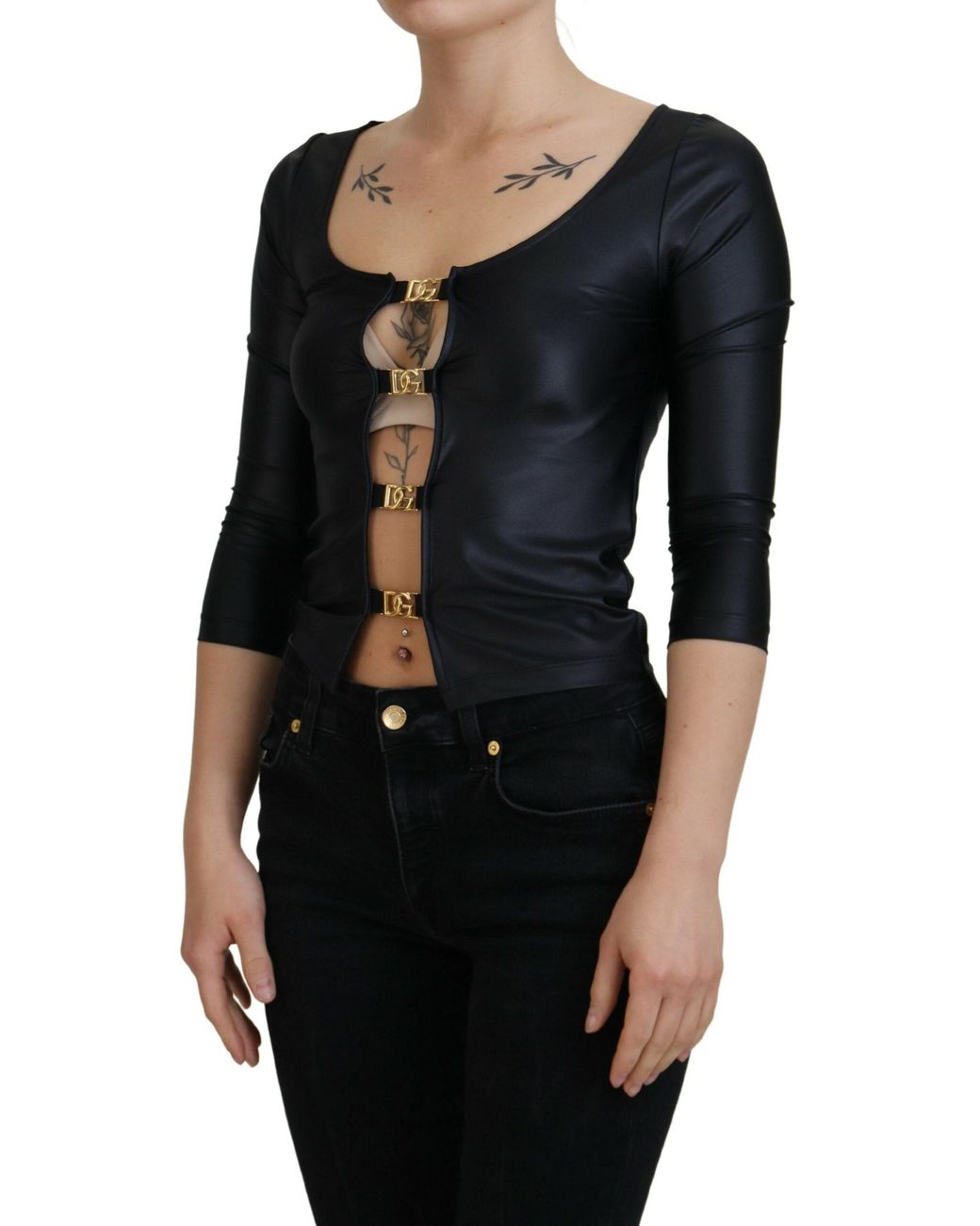 Dolce & Gabbana Black Elegant 3/4 Sleeve Top With Detailing