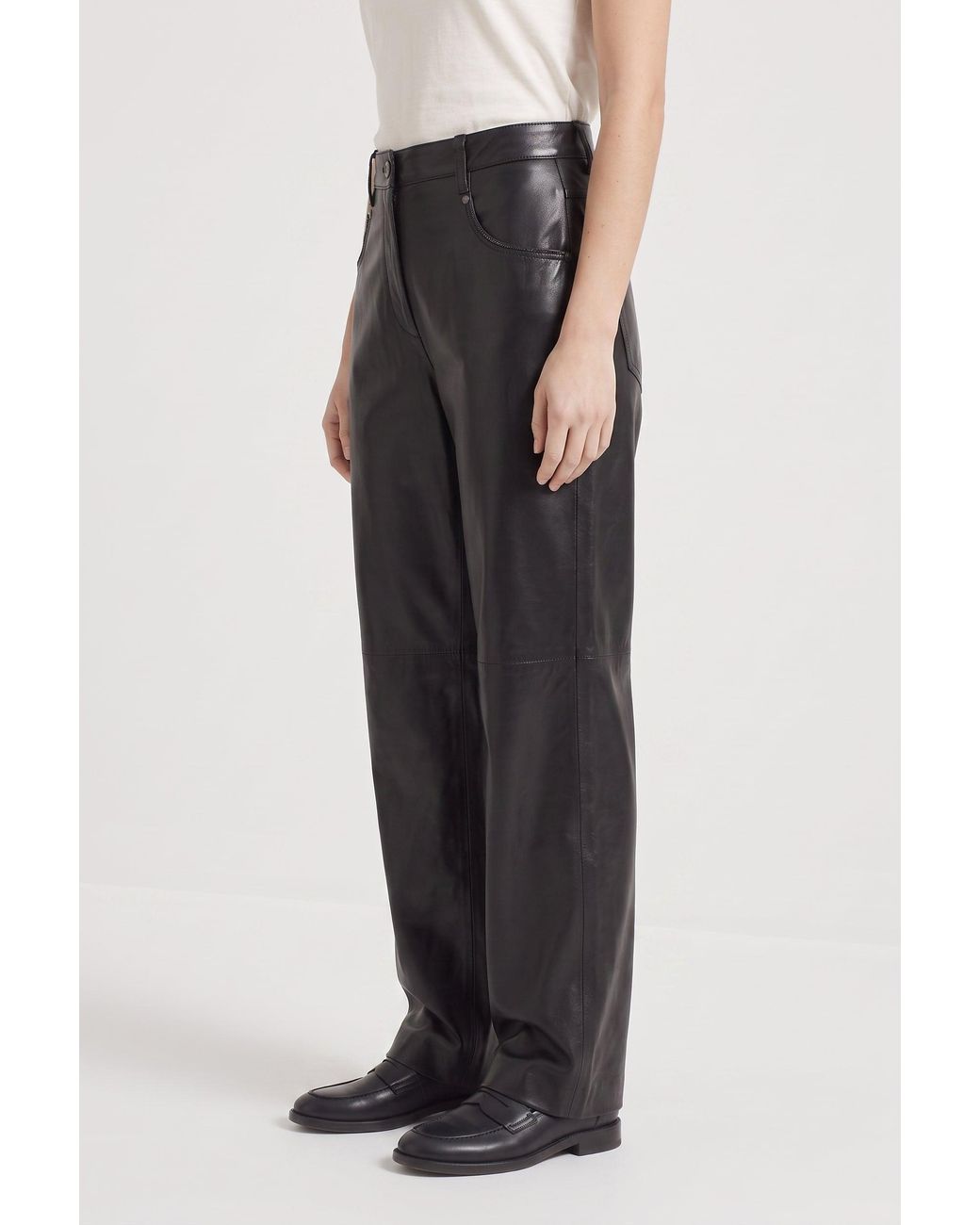 Brunello Cucinelli Black Leather Wide Trousers