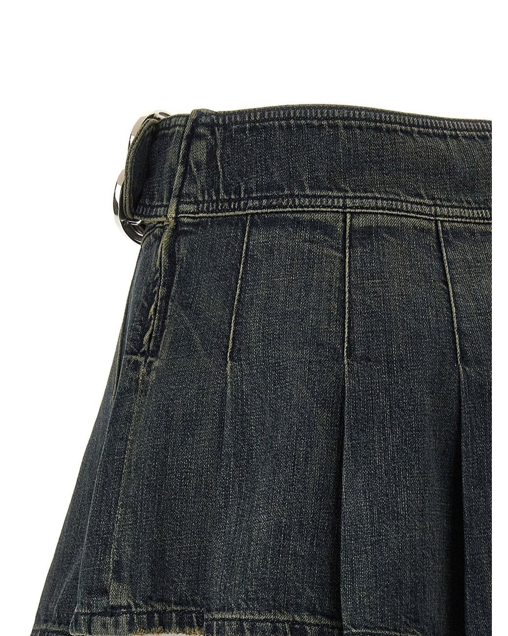 Balenciaga Gray Pleated Denim With Logo Buckle Skirt