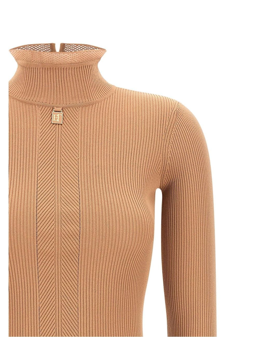 Elisabetta Franchi Natural Ribbed Knit Mock Neck Dress