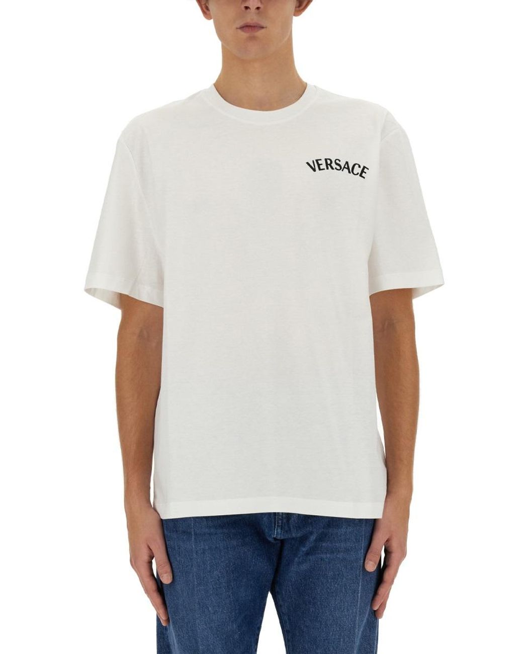Versace Gray Versace Logo-Embroidered Cotton T-Shirt for men