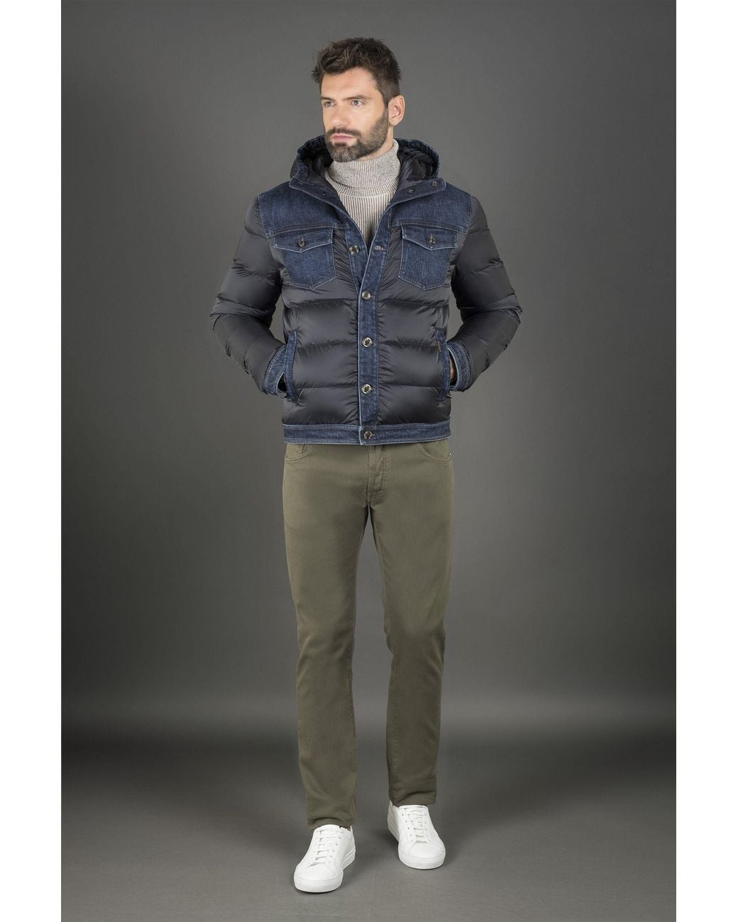 Moorer Gray Quilted Jacket With Denim Accents Clothing for men