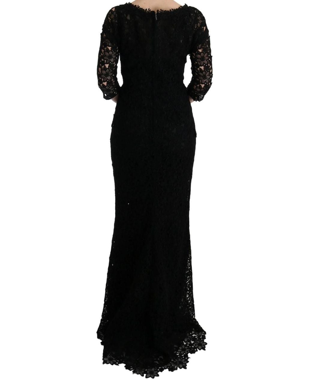 Dolce & Gabbana Black Lace Long Dress Slim Fit Round Neck