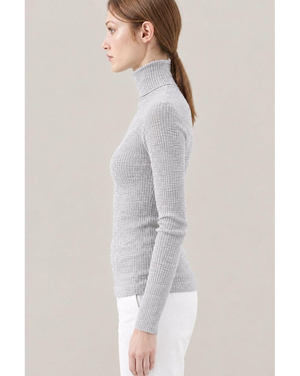 Brunello Cucinelli Gray Light Wool Silk Ribbed Turtleneck Sweater Clothing