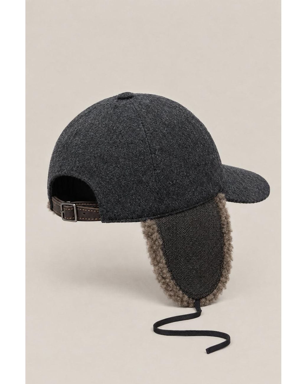 Brunello Cucinelli Black Charcoal Wool Hat With Shearling Ear Flaps