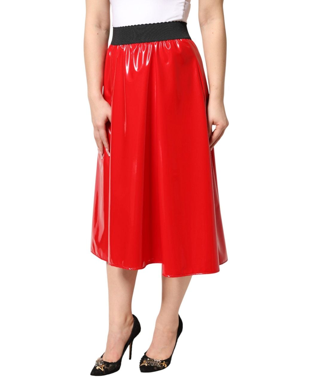 Dolce & Gabbana Red Glossy Polyester High Waist Midi Skirt 05+Co+Pl+Vi