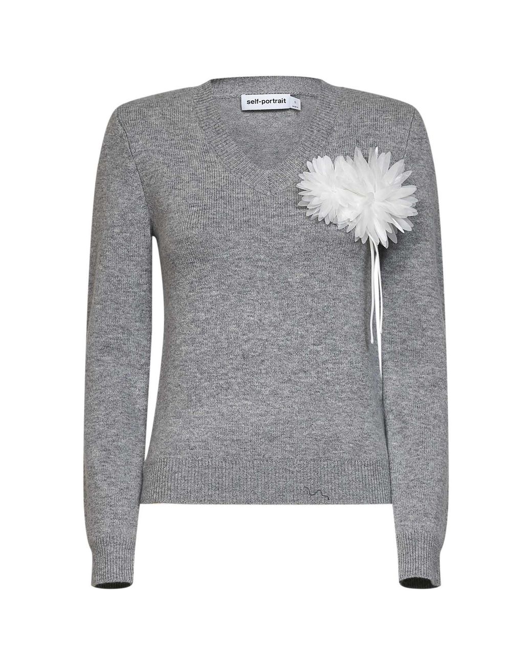 Self-Portrait Gray Wool And Cashmere Blend V-Neck Flower Sweater