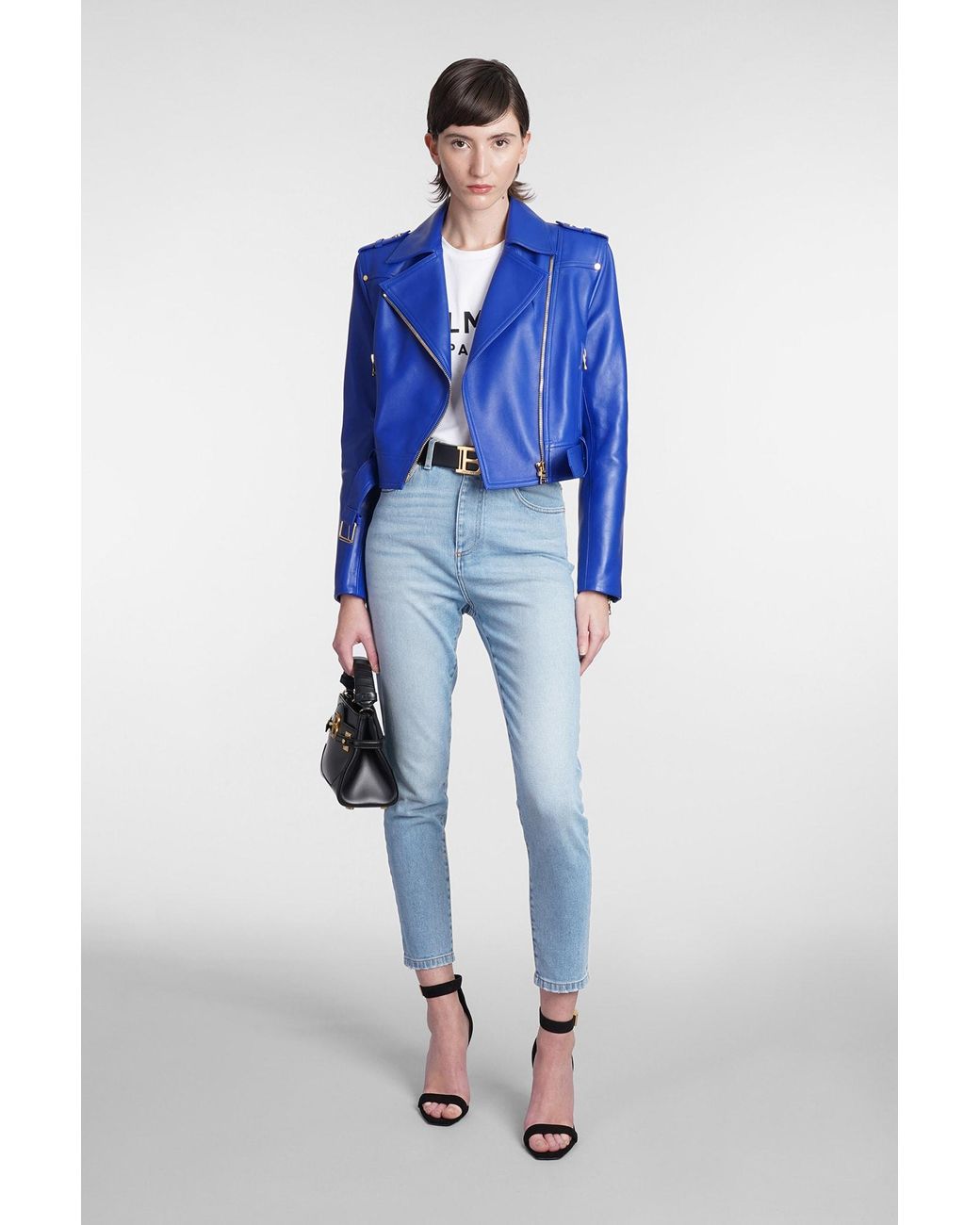 Balmain Leather Jacket In Leather in Blue | Lyst