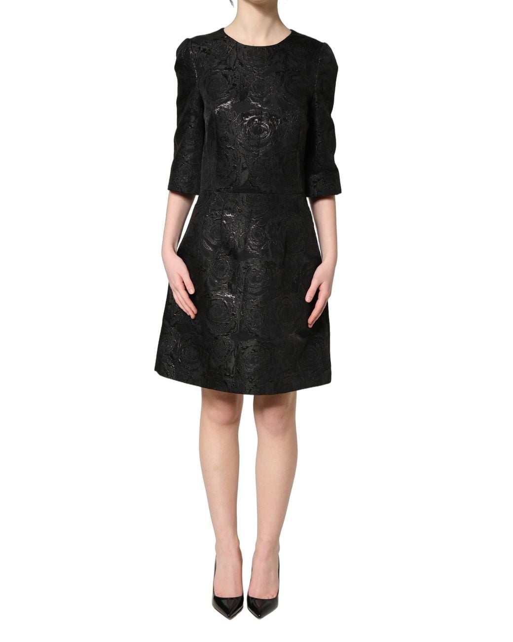 Dolce & Gabbana Black Floral Jacquard Flared A-Line Dress