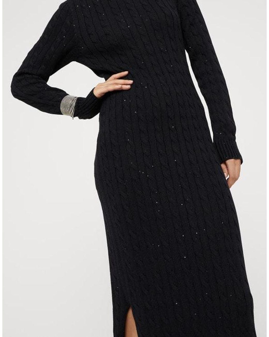 Brunello Cucinelli Black Cotton Cable Knit Maxi Dress