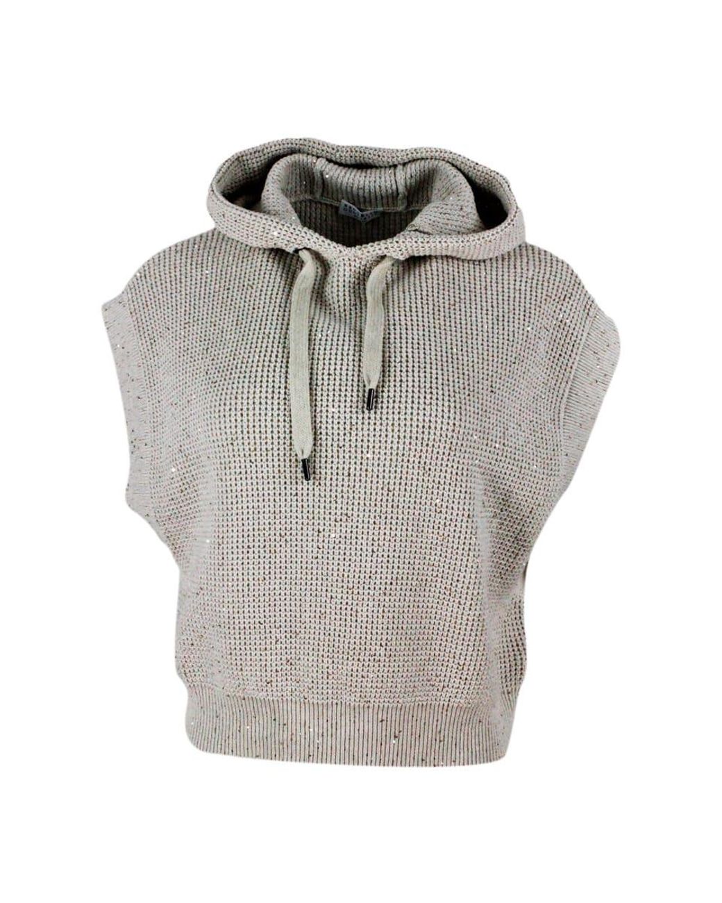 Brunello Cucinelli Cropped Sleeveless Sweater With Hood And Adjustable  Drawstring In Cotton With English Rib Knit Embellished With Sequins in Gray