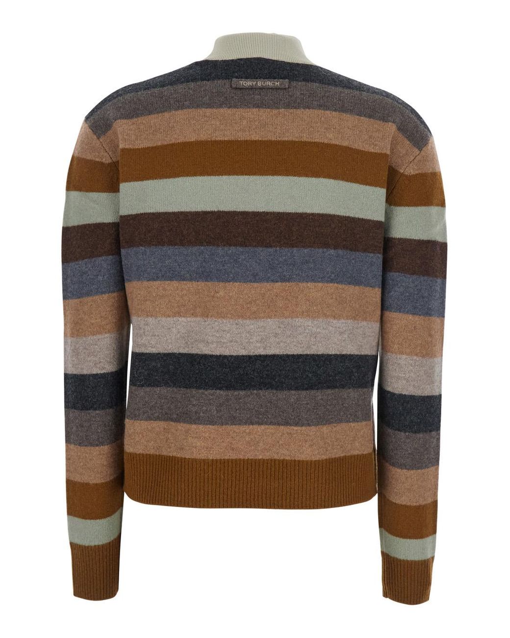 Tory Burch Gray Striped Wool Sweater With Logo Patch