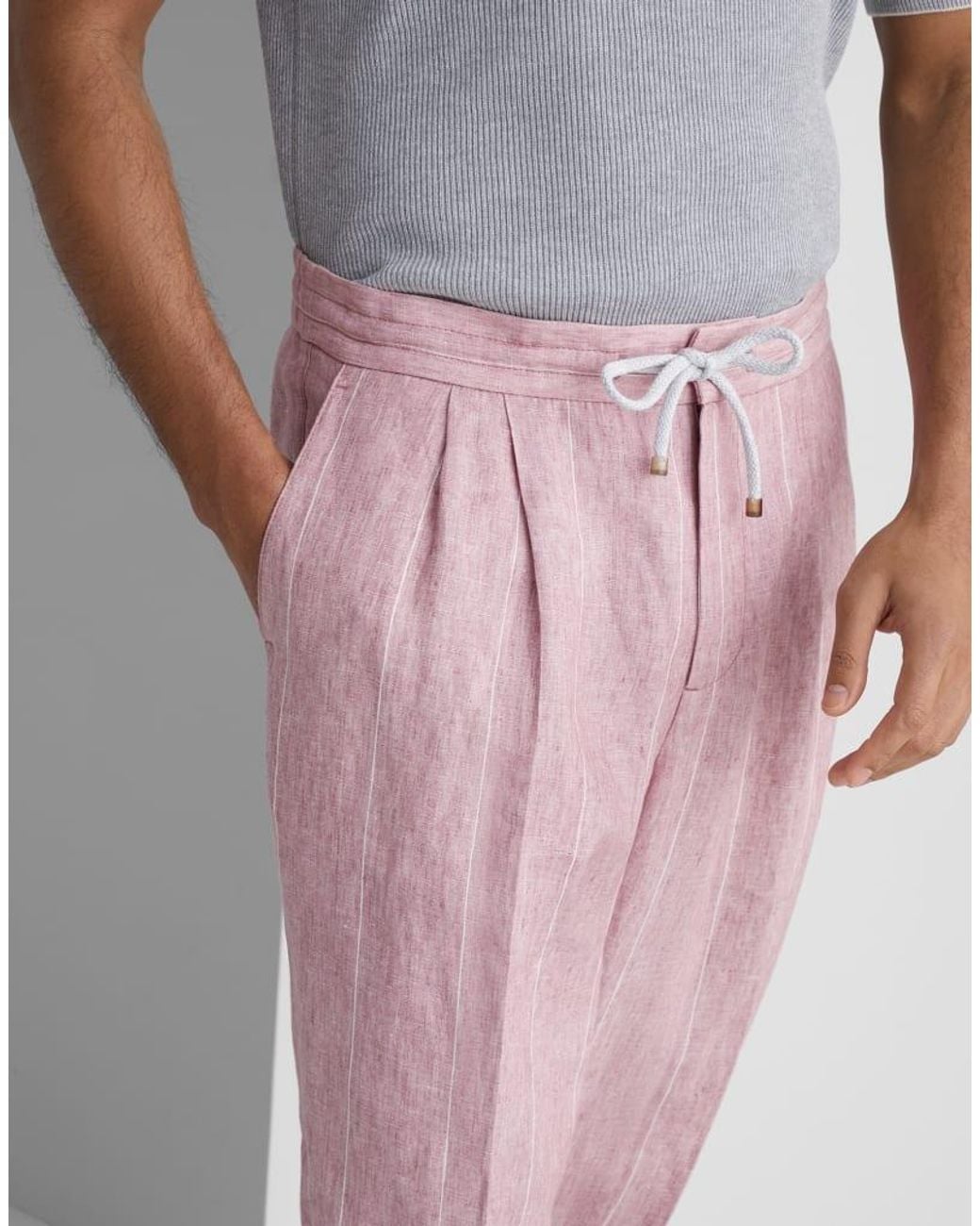 Brunello Cucinelli Pink Linen Relaxed Trousers for men