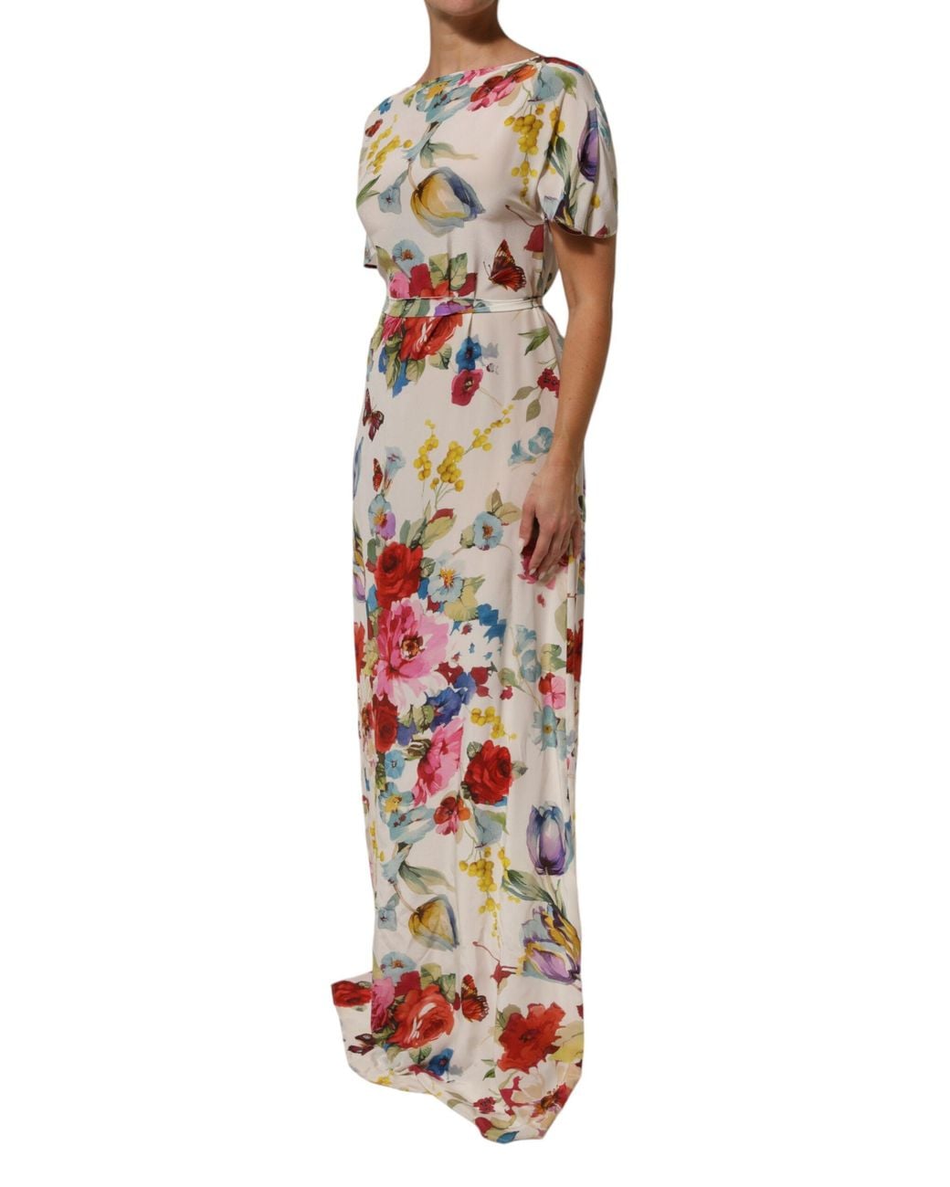 Dolce & Gabbana White Floral Print Silk Sheath Longgown Dress 11+Se