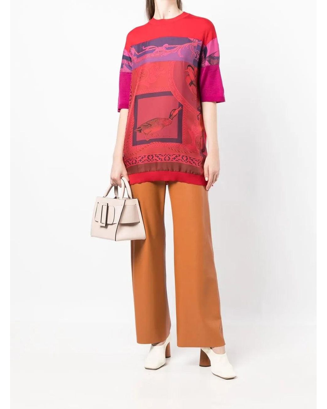 Ferragamo Red Heritage-Print Long T-Shirt