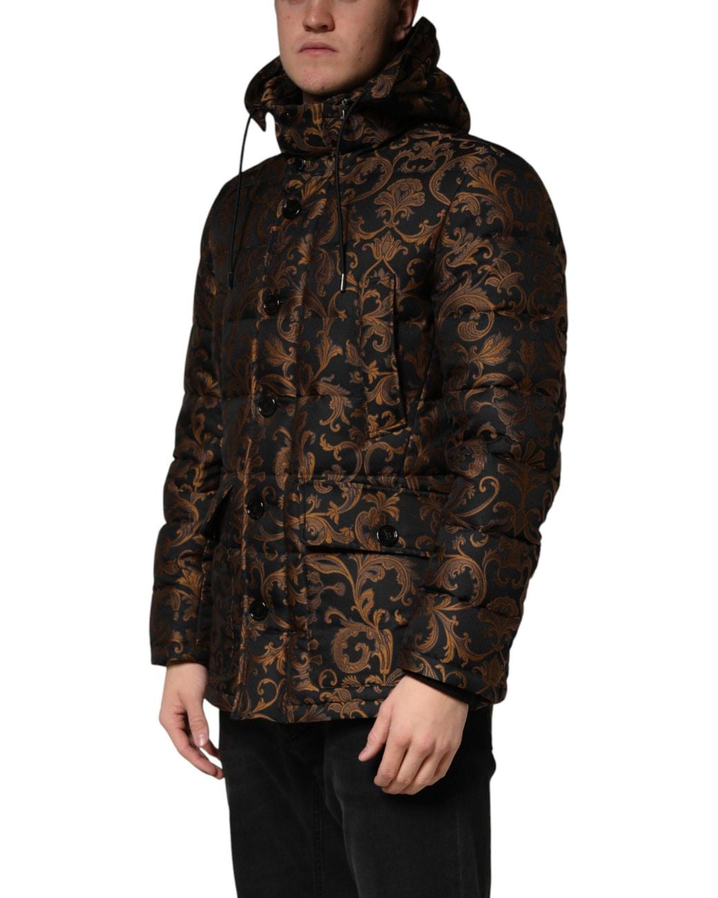 Dolce & Gabbana Black Floral Jacquard Quilted Hooded Jacket for men