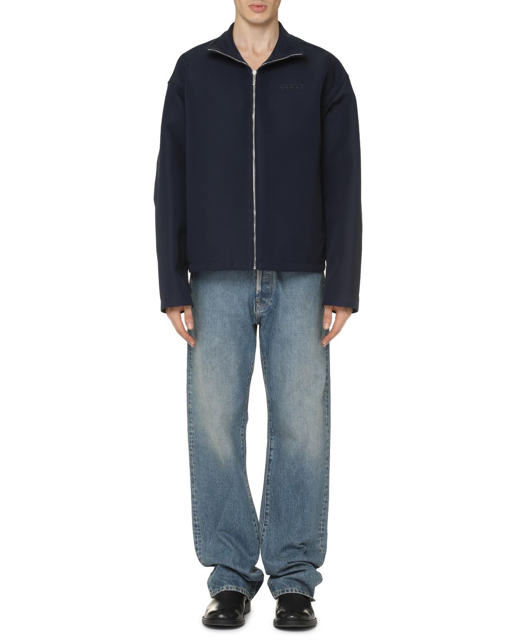 Gucci Blue Wool Blend Jacket With Drawstring Hem Silk Raincoats for men