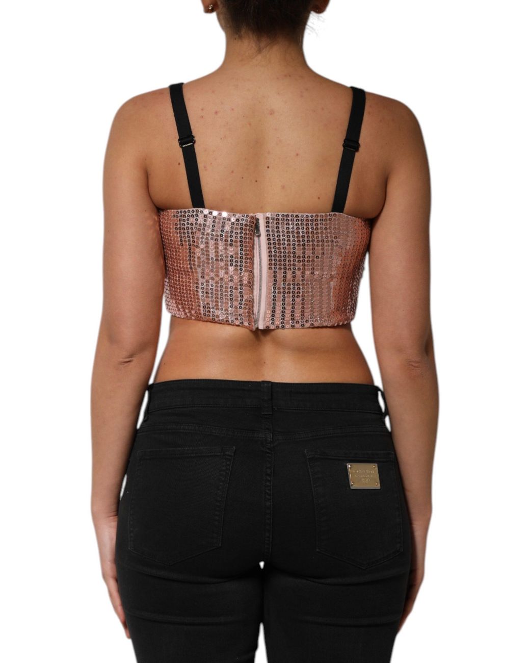 Dolce & Gabbana Black Sequined Nylon Sleeveless Cropped Top
