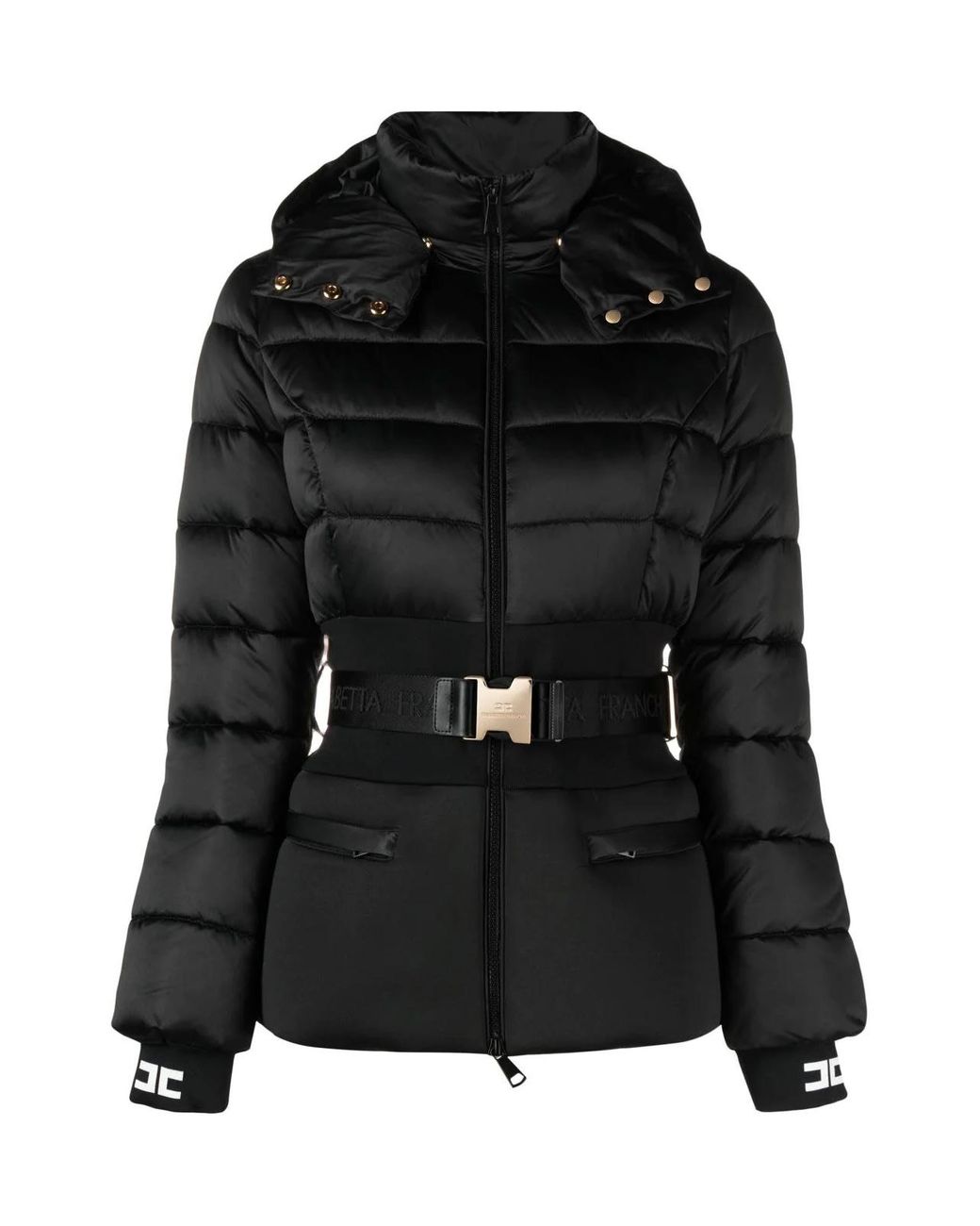Elisabetta Franchi Hooded Puffer Jacket With Elastic Belt in Black | Lyst