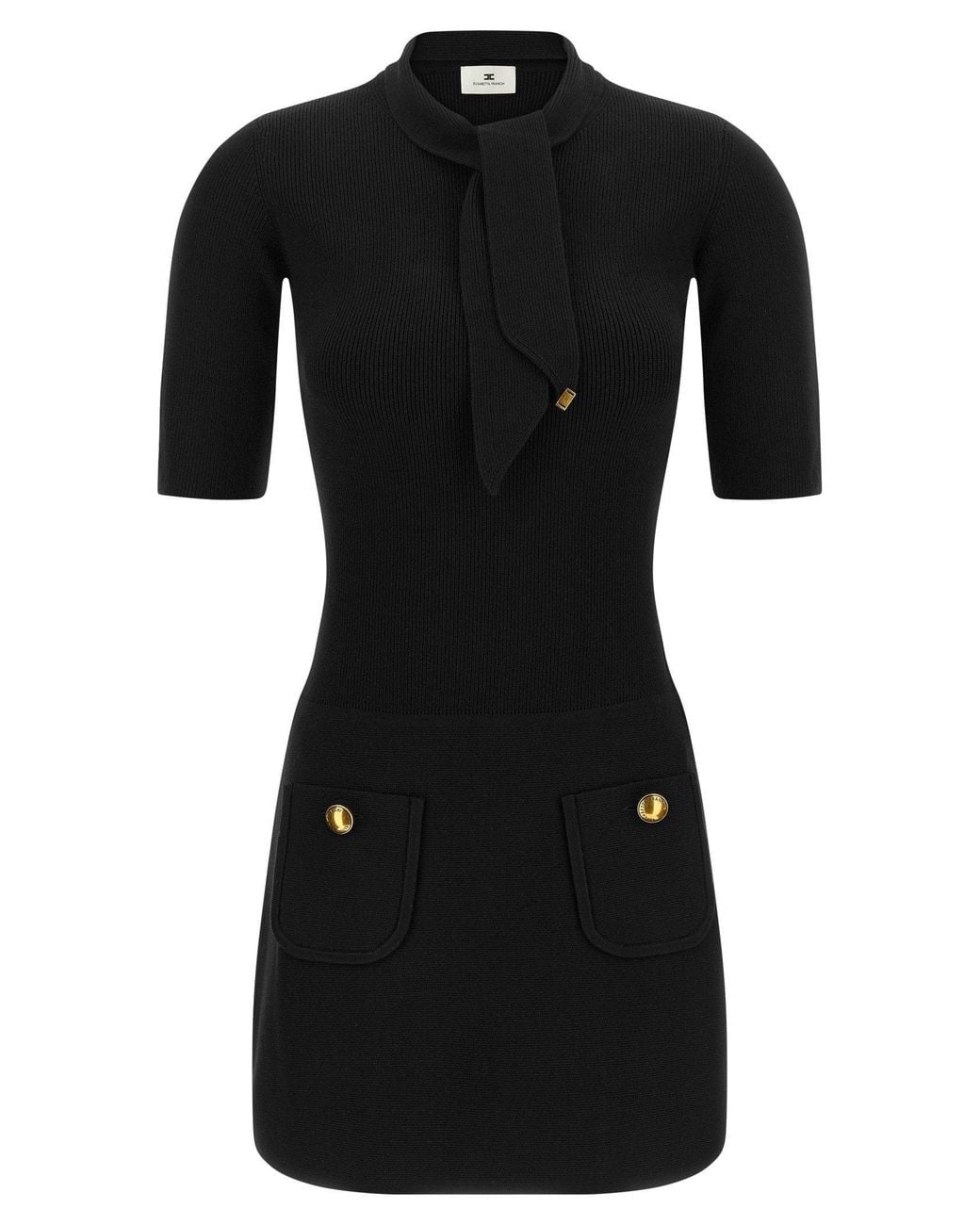 Elisabetta Franchi Black Ribbed Knit With Scarf Detail Dress