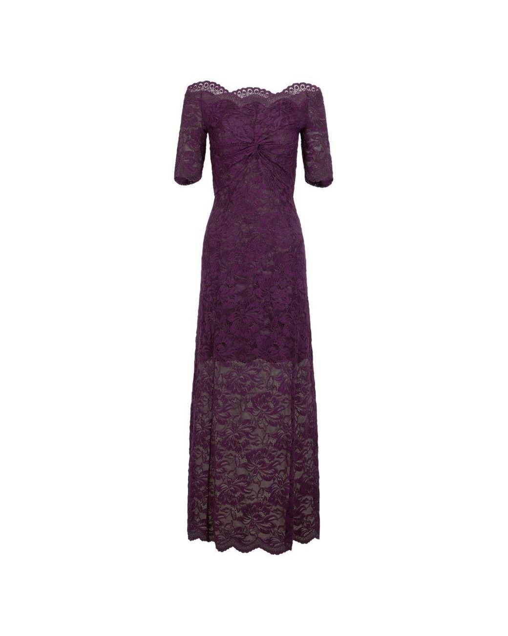 Rabanne Purple Floral Stretch Lace Layered Off-The-Shoulder Short-Sleeved Maxi Dress