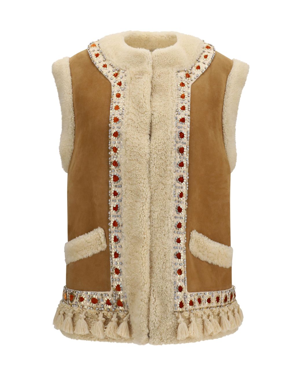 Valentino Natural Vest Suede And Fur Camel-Multicolour Lamb Leather Coat