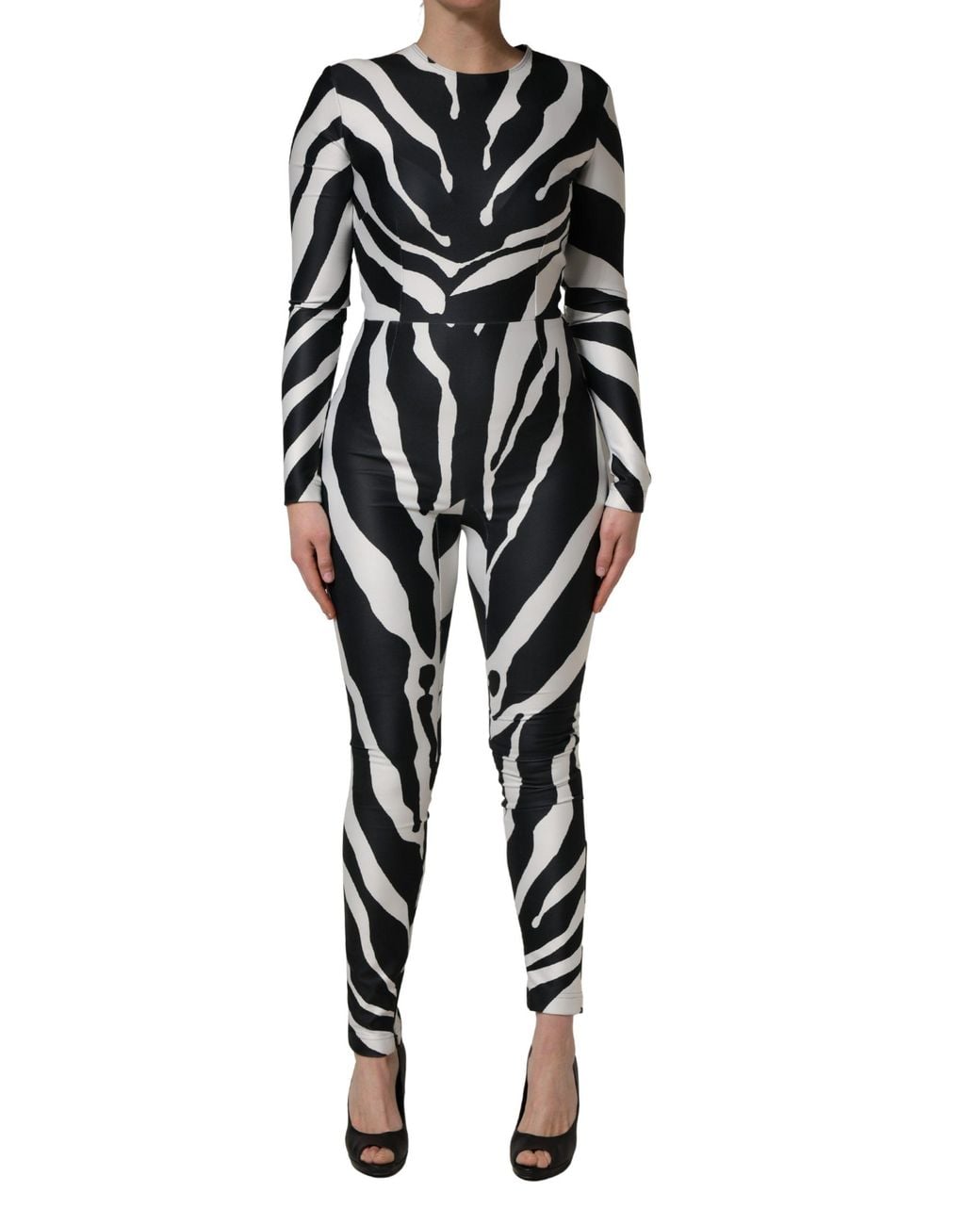 Dolce & Gabbana Black Polyester Zebra Pattern Jumpsuit And Elastane
