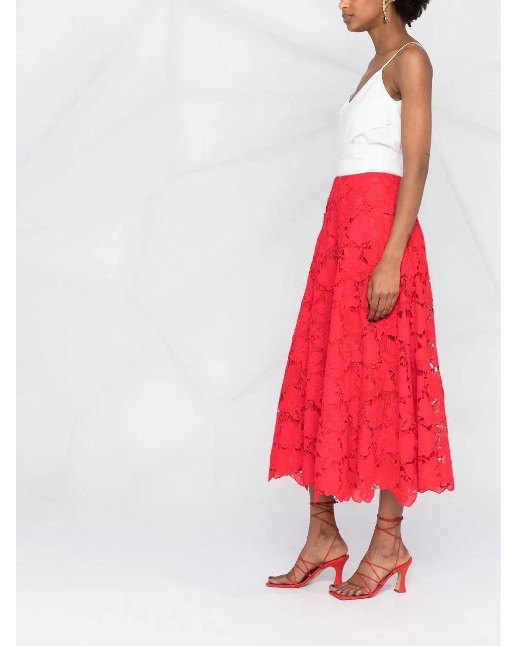 Valentino Red Floral-Lace Midi Skirt