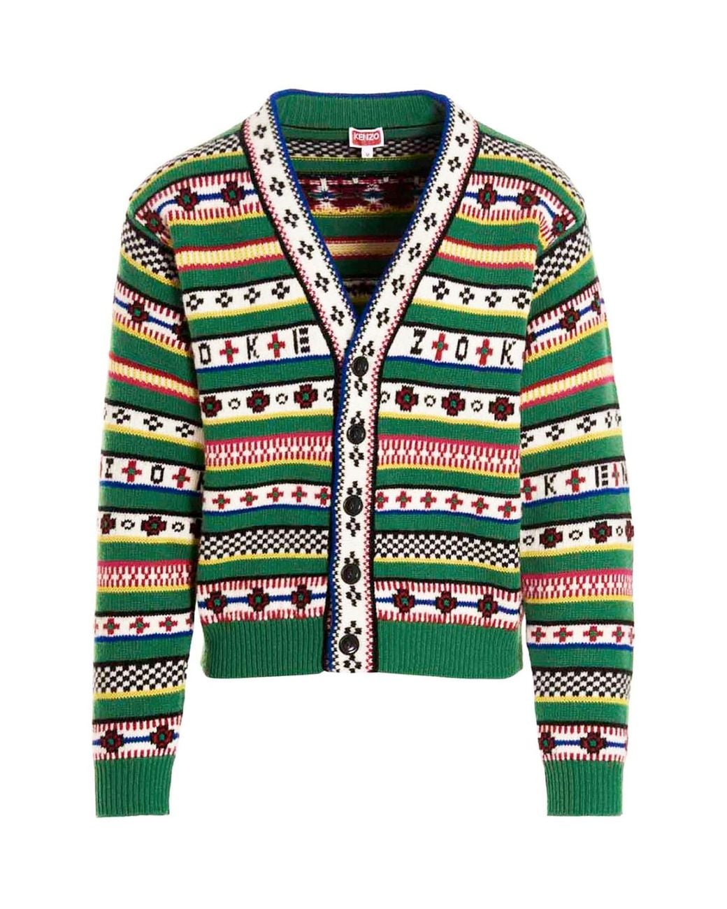 KENZO Green Fairisle Jacquard Cardigan Clothing Knitwear for men