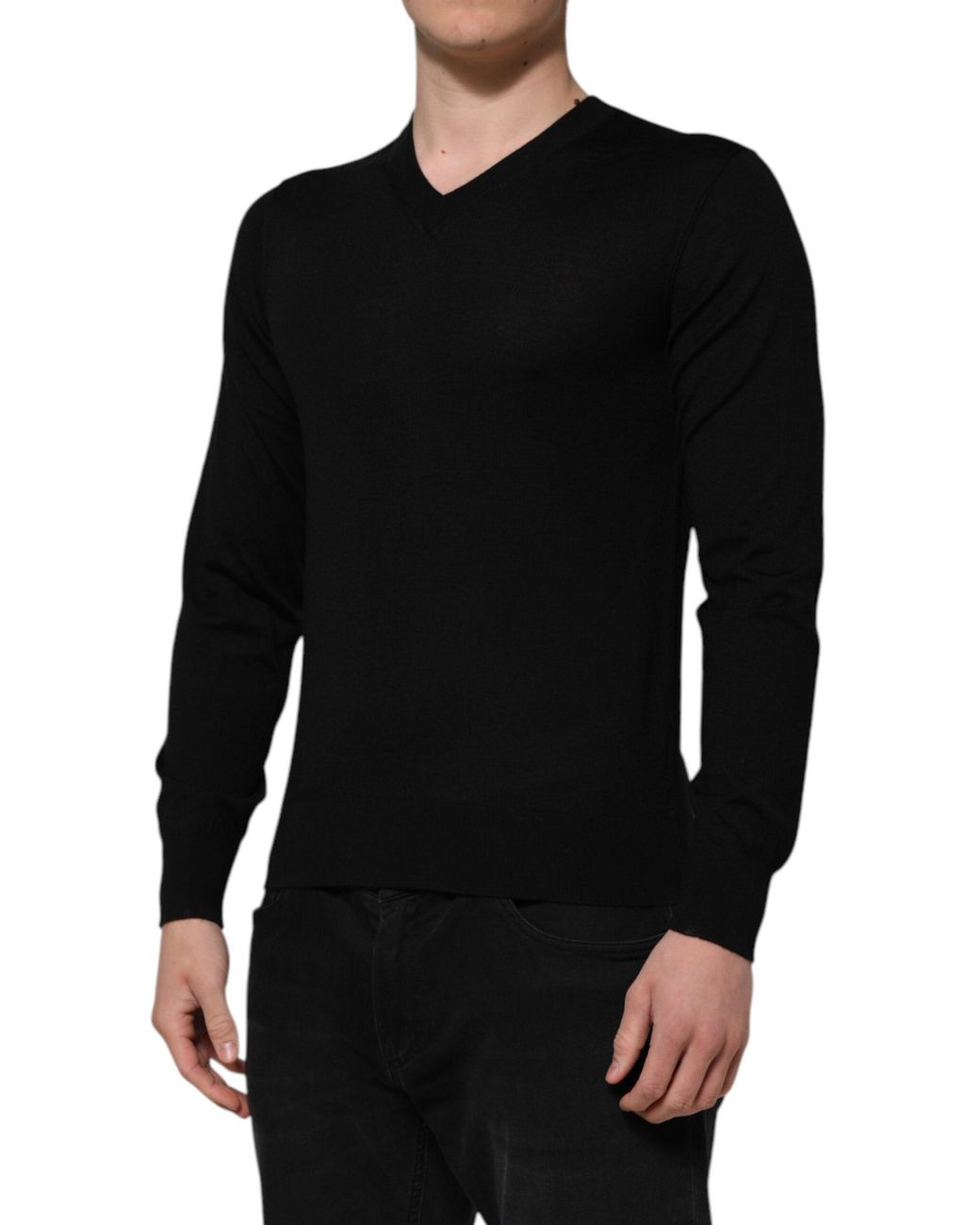 Dolce & Gabbana Black Vneck Wool Long Sleeve Knit for men