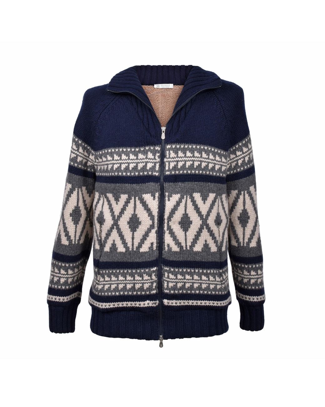 Brunello Cucinelli Blue Wool Knit Zip Front Jacket for men