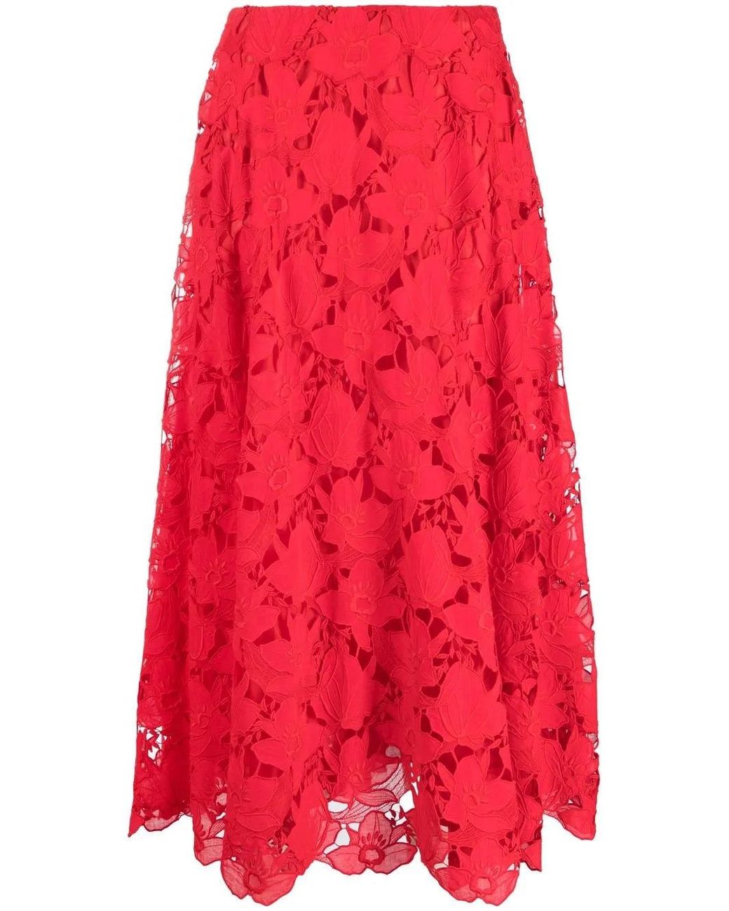 Valentino Red Floral-Lace Midi Skirt