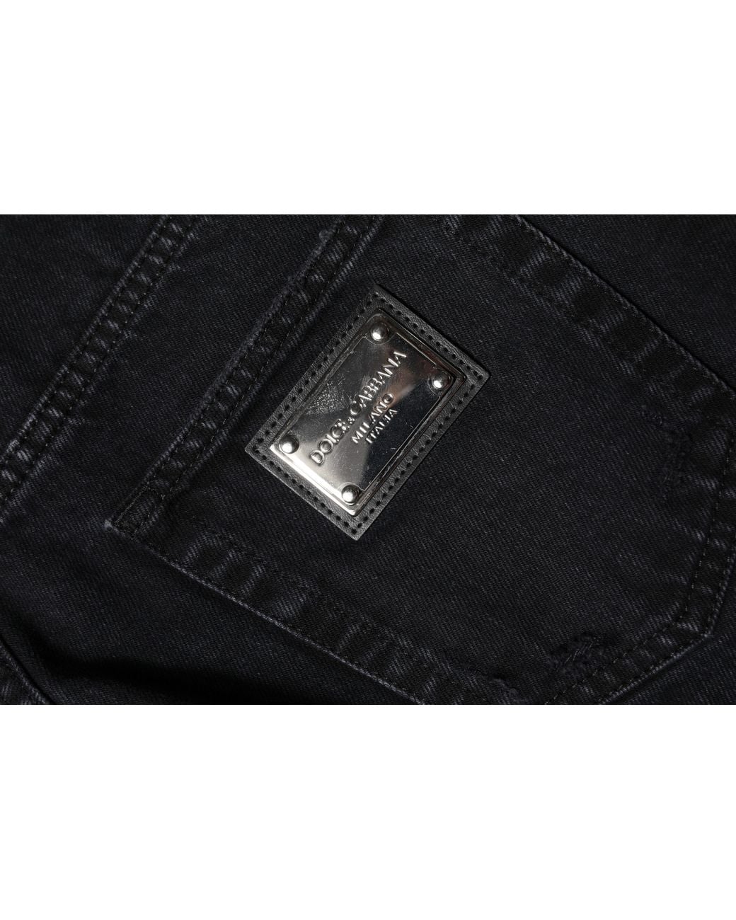 Dolce & Gabbana Black Cotton Tattered Mid Waist Denim Jeans