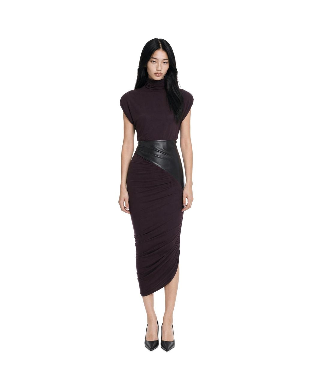ANDAMANE Blue Draped Synthetic Leather Viscose-Blend Midi Dress