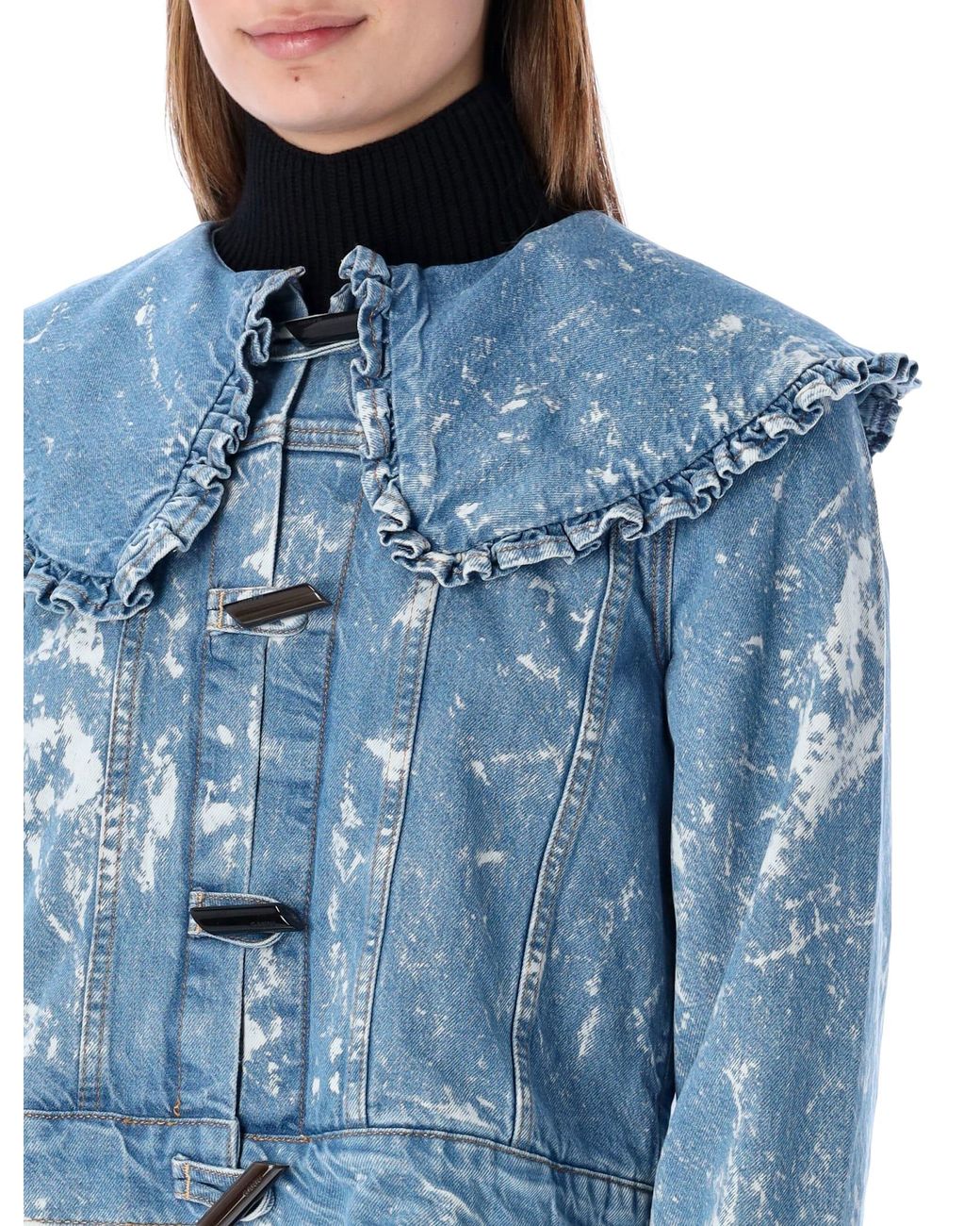 Ganni Bleach Denim Ruffle Collar Denim Jacket in Blue | Lyst