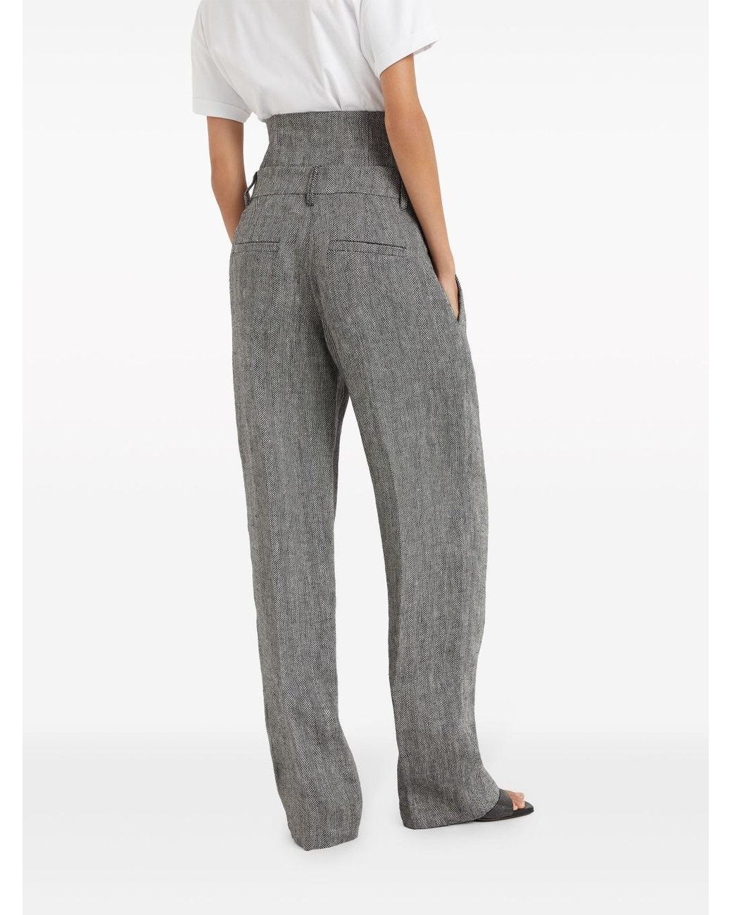 Brunello Cucinelli Gray Linen Wide Leg Trousers
