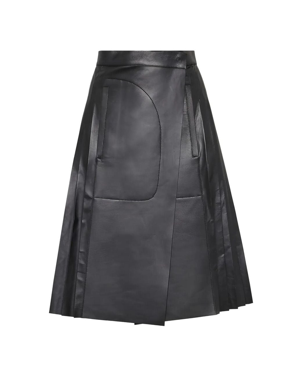 Ferragamo Black Pleated Leather Midi Skirt