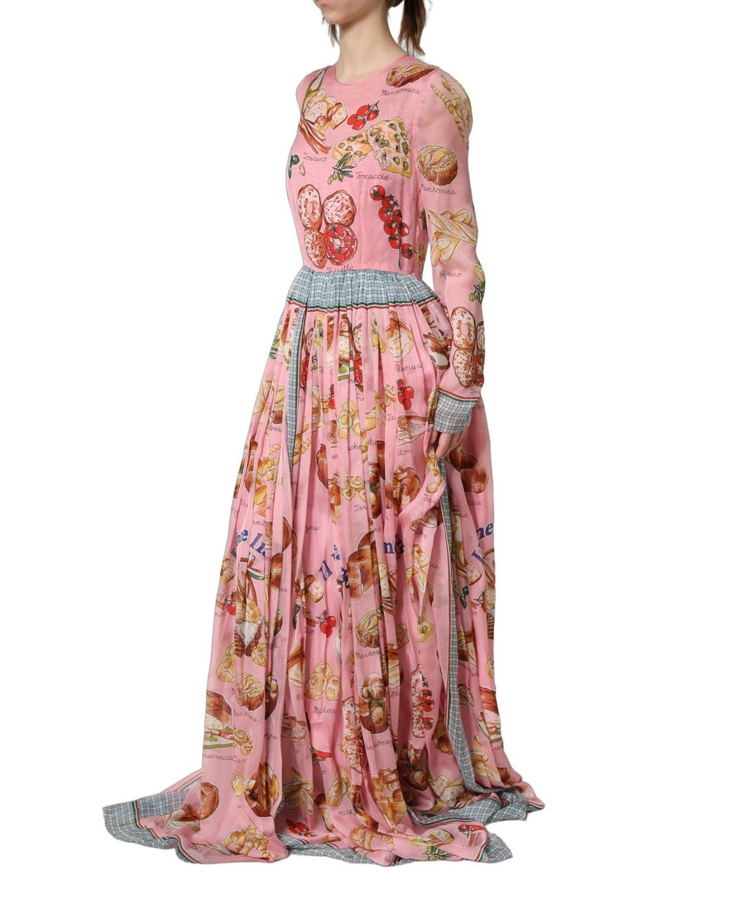Dolce & Gabbana Pink Light Bread Print Pleated Maxi Dress Silk