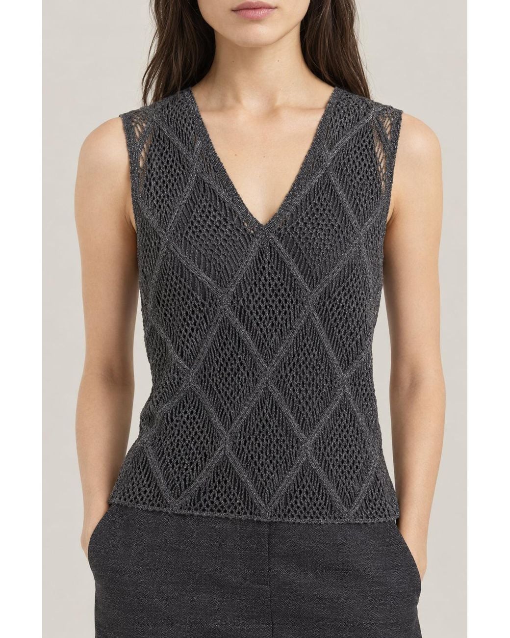 Brunello Cucinelli Gray Lead Openwork Knit Sleeveless Top