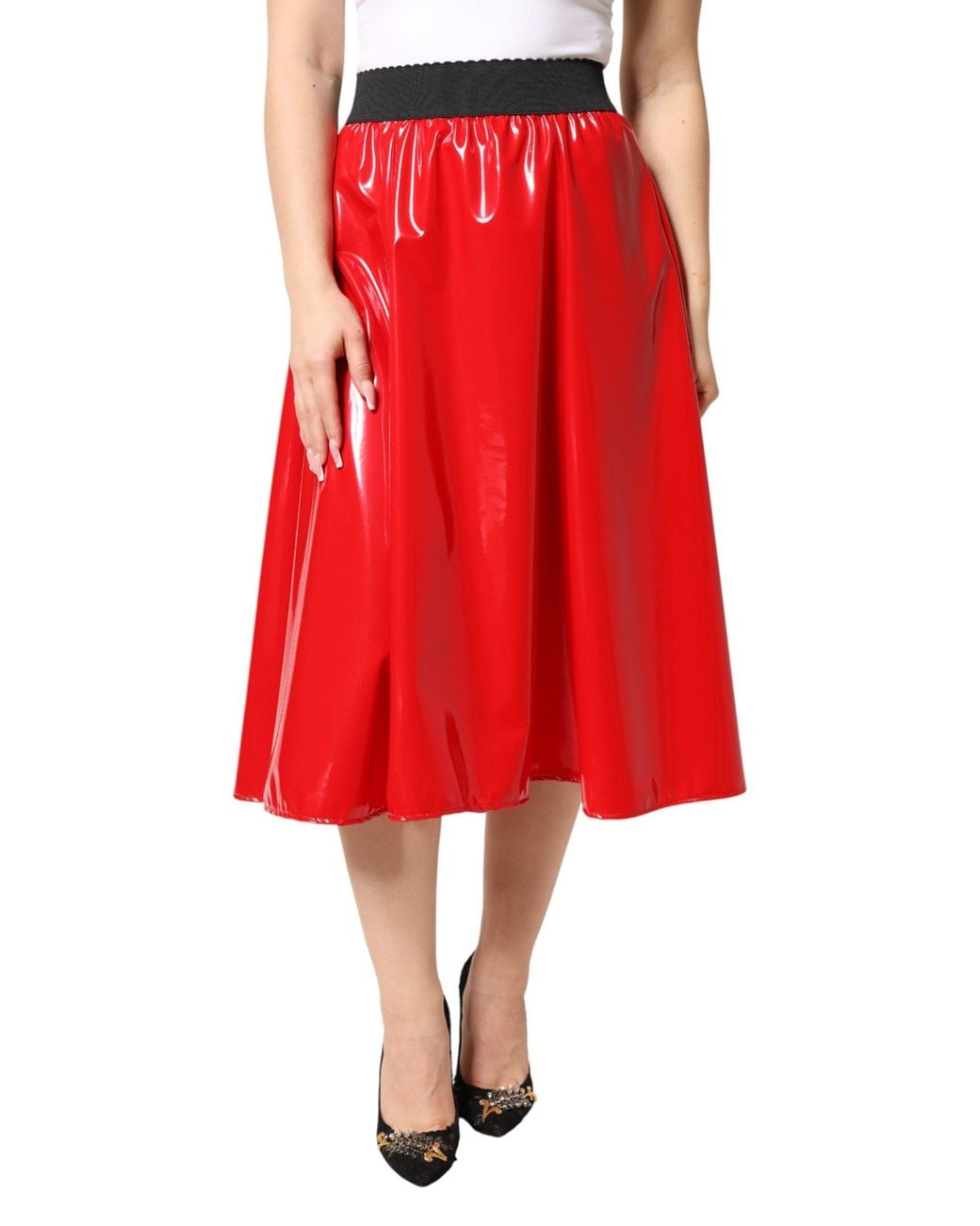 Dolce & Gabbana Red Glossy Polyester High Waist Midi Skirt 05+Co+Pl+Vi