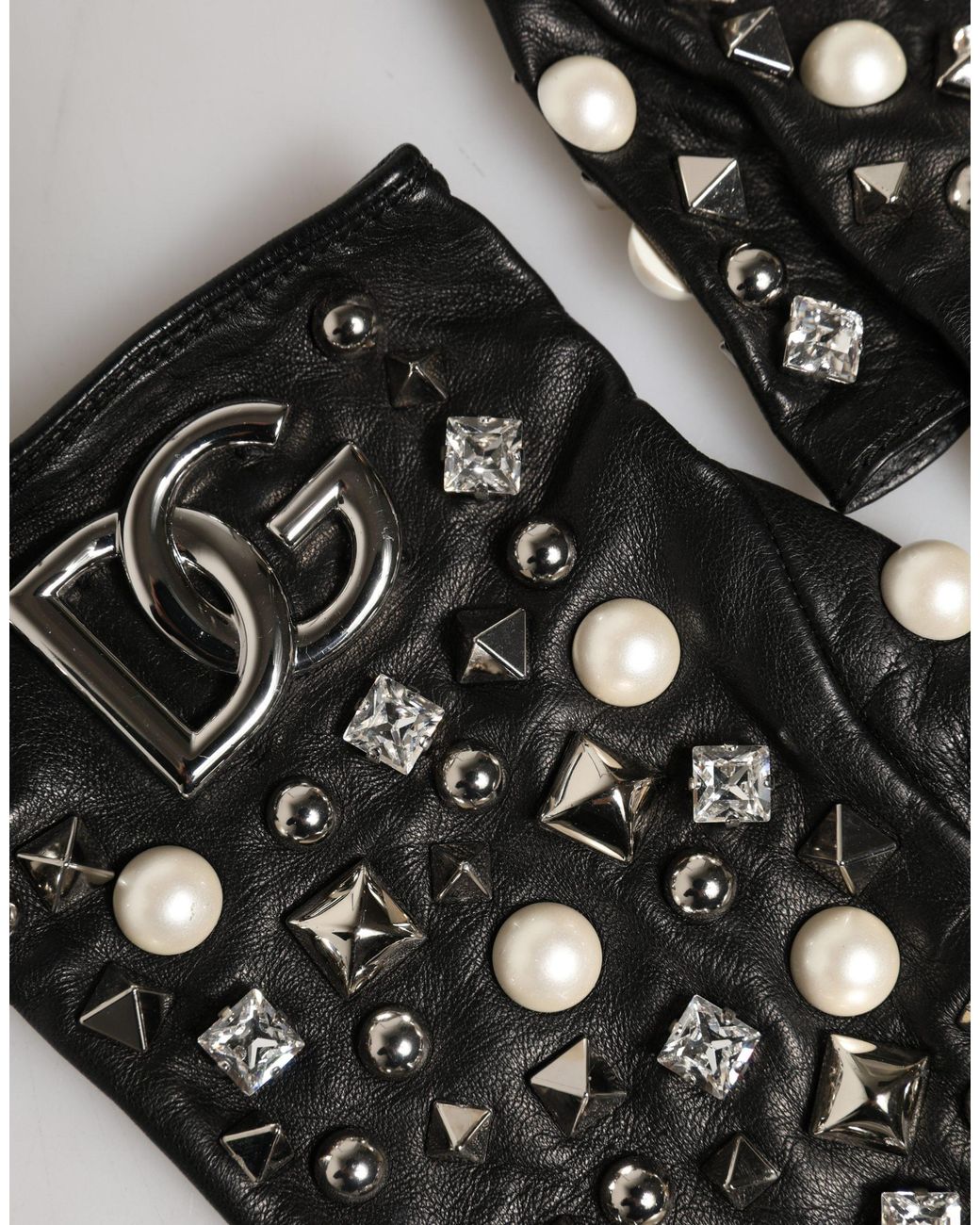 Dolce & Gabbana Black Pearl Embellished Wrist Length Gloves Lamb Leather