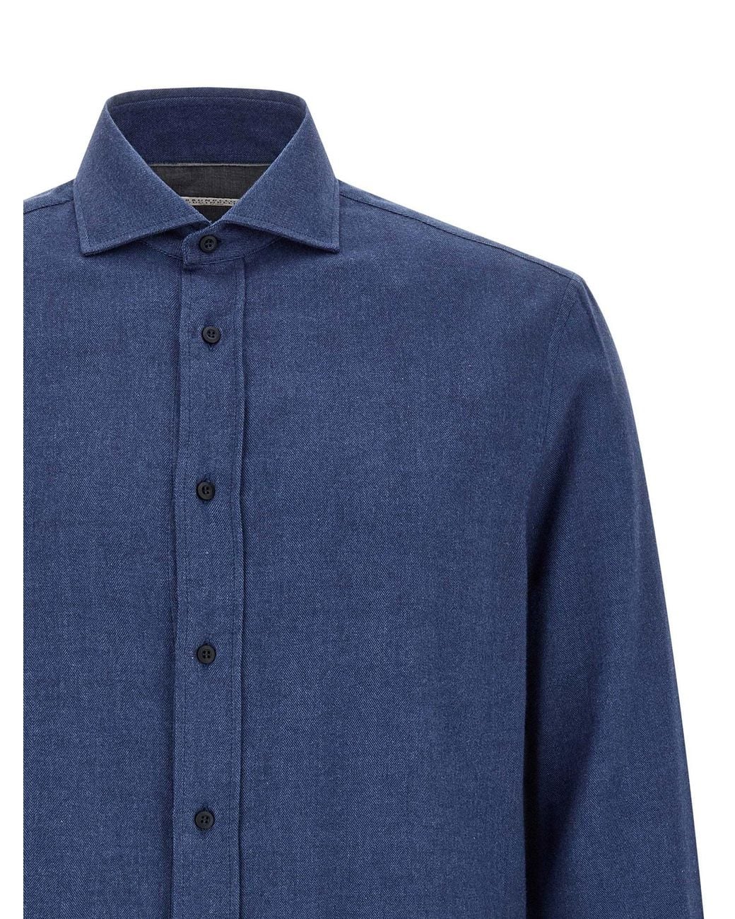 Brunello Cucinelli Blue Herringbone Cotton Shirt