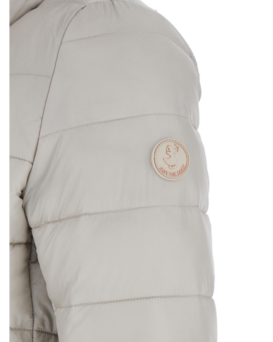 Save The Duck Gray Lydia Down Jacket With High Neck And Logo Patch On The Sleeve