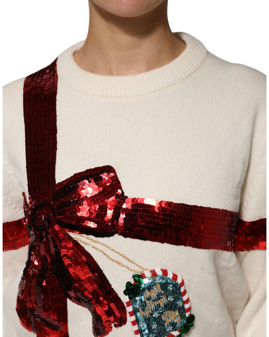 Dolce & Gabbana Red Sequin Bow Holiday Sweater