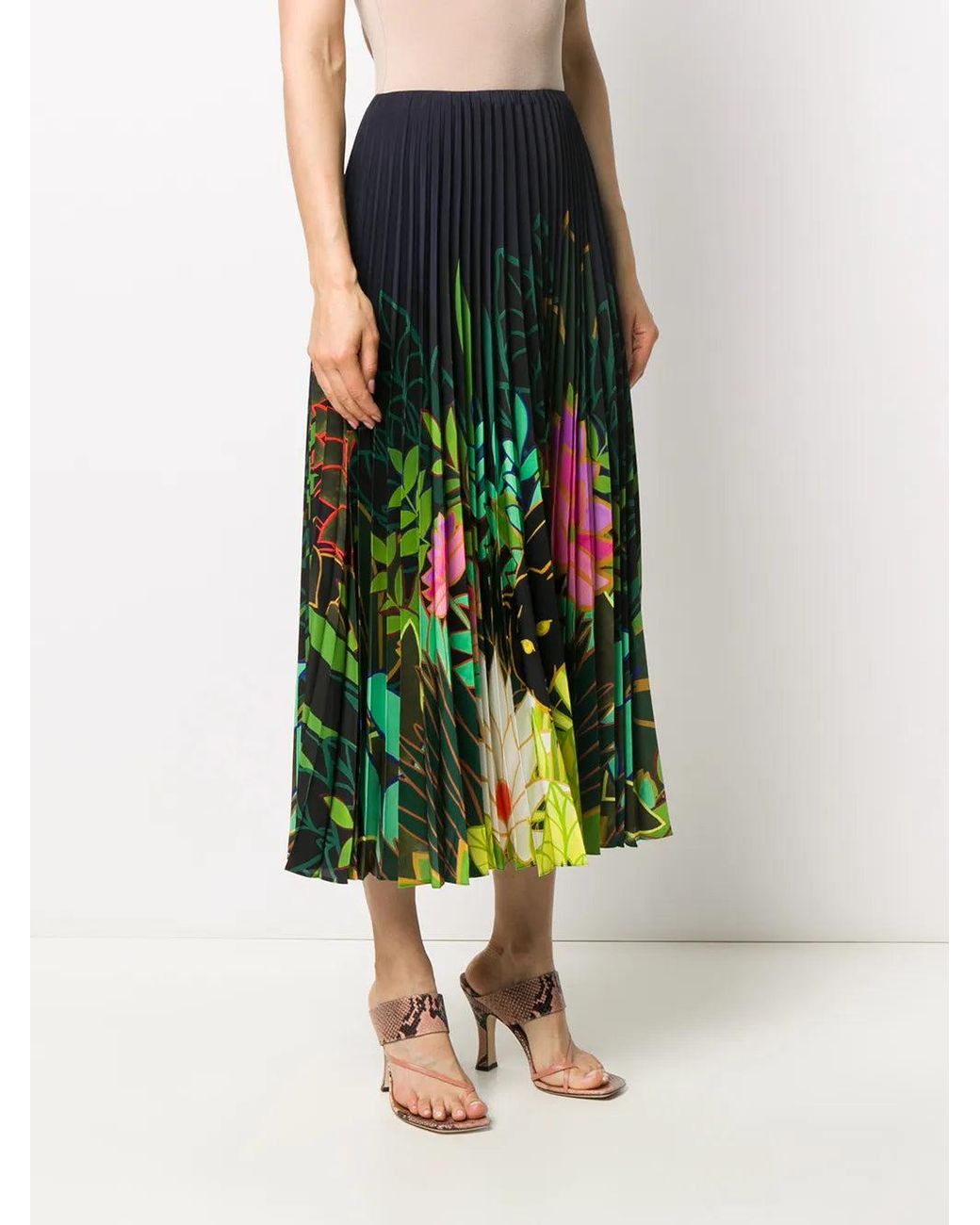 Valentino Green Pleated Floral-Print Skirt