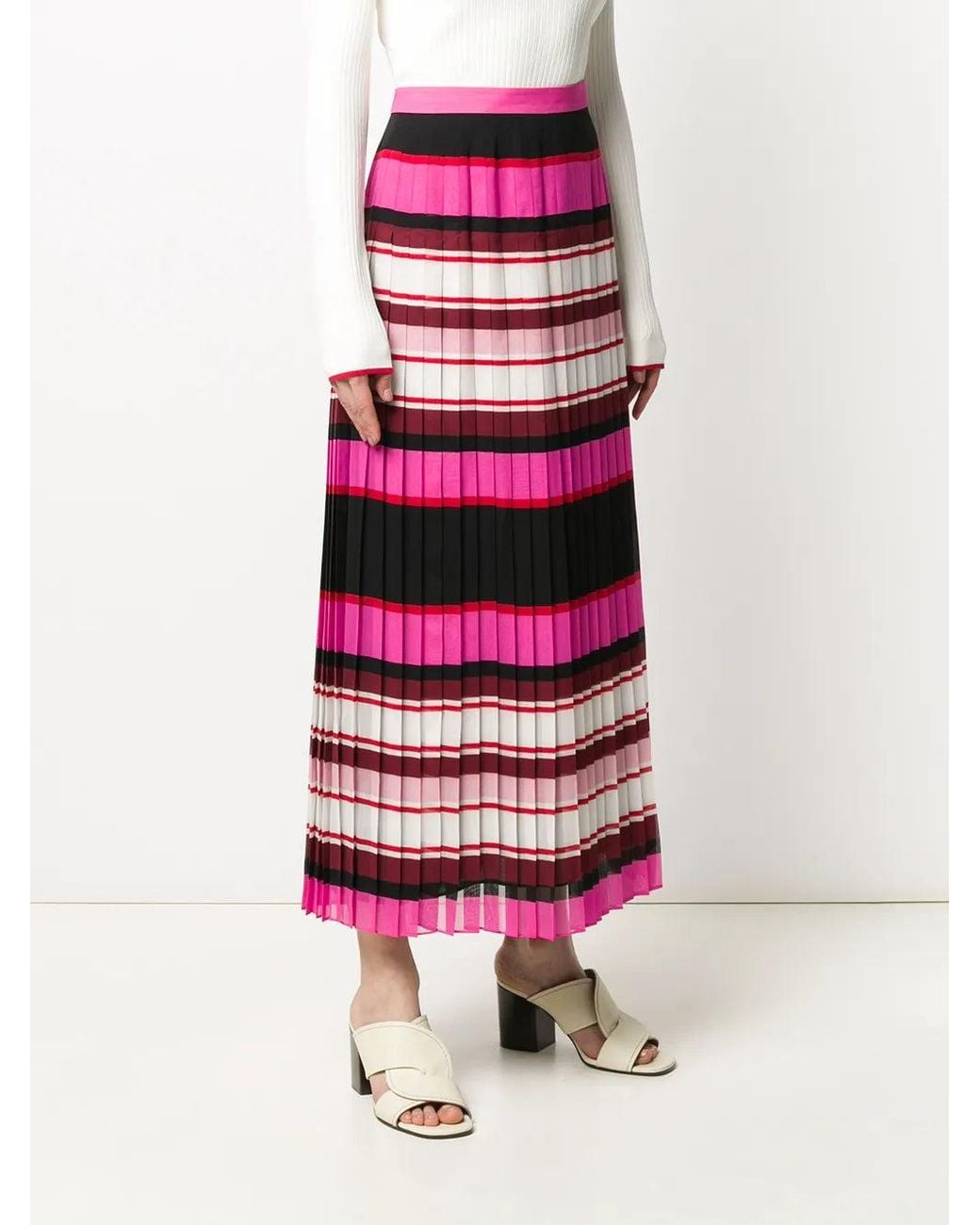 Valentino White Striped Pleated Silk Skirt