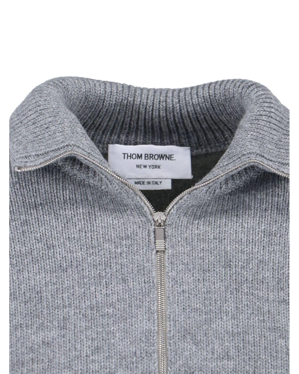 Thom Browne Gray Wool Zip Sweater 4-Bar Detail