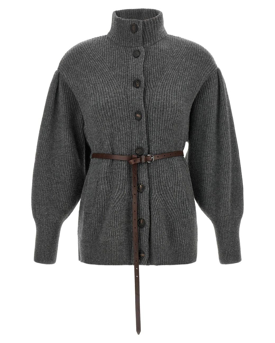 Brunello Cucinelli Gray Ribbed Knit Chevron Cardigan