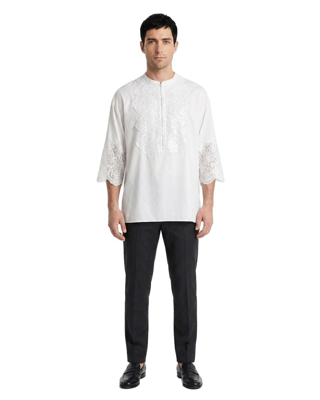 Dolce & Gabbana White Dolce & Gabbana Lace-Trimmed Cotton Shirt for men